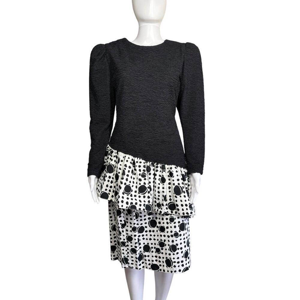 Vintage 80s Evenings by Pantagis Black White Textured Peplum Skirt Set Size 6